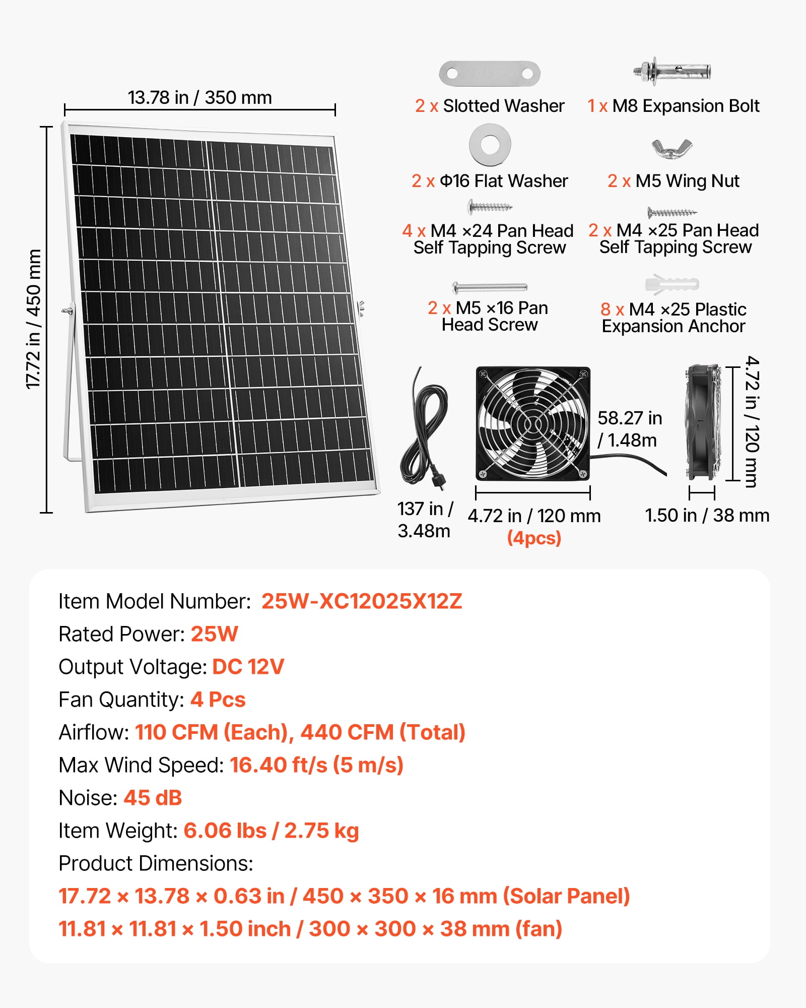 VEVOR Solar Powered Fan, 25W Solar Panel with 4 Fans, Adjustable Solar Panel Angle, 2668 RPM High-Speed, Flexible Installation, Fast Air Exchange for Greenhouse, Grow Tents, Chicken Coops, Shelters