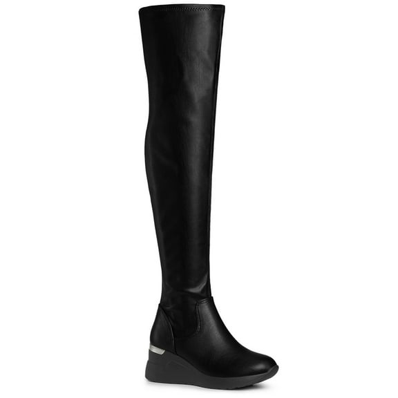 BLISSFUL STEP Over The Knee Platform Wedge Boots for Women Black 9