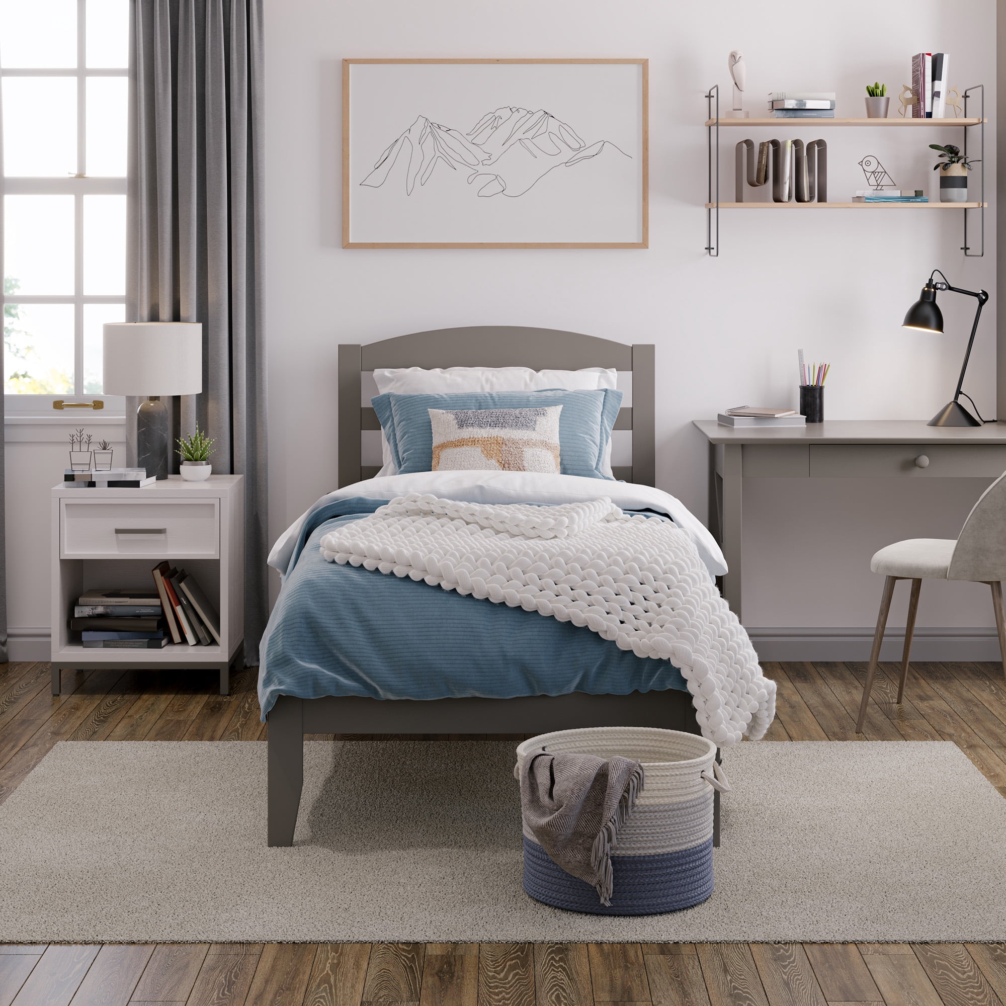 AFI Warren 14" Twin Wood Platform Bed Frame with Slatted Headboard, Grey