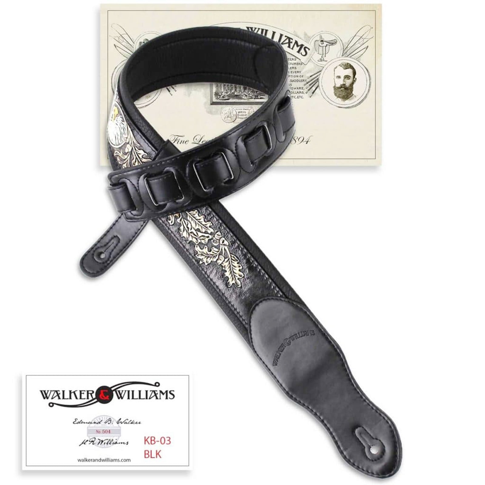 Walker & Williams LIC-16 Dark Brown Padded Guitar Strap with Embossed Tooling and Cross 