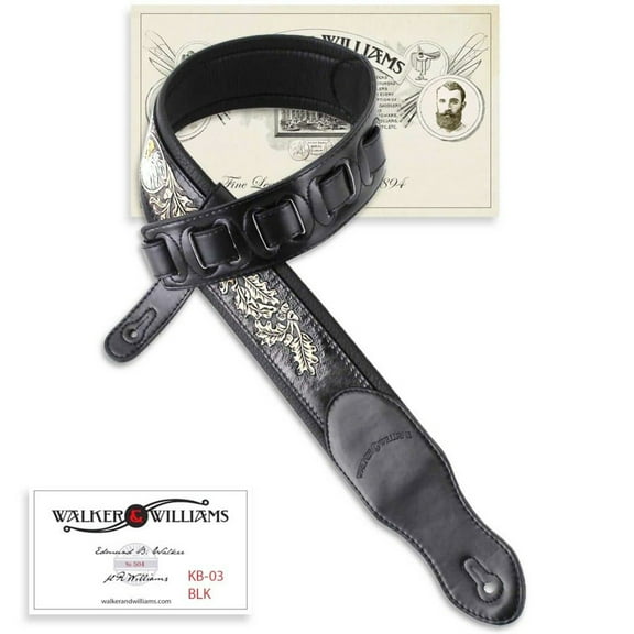 Walker & Williams KB-03-BLK Soft Matte Black Full Grain Center Block Carving Leather Padded Guitar Strap With American Eagle & Oak Leaves