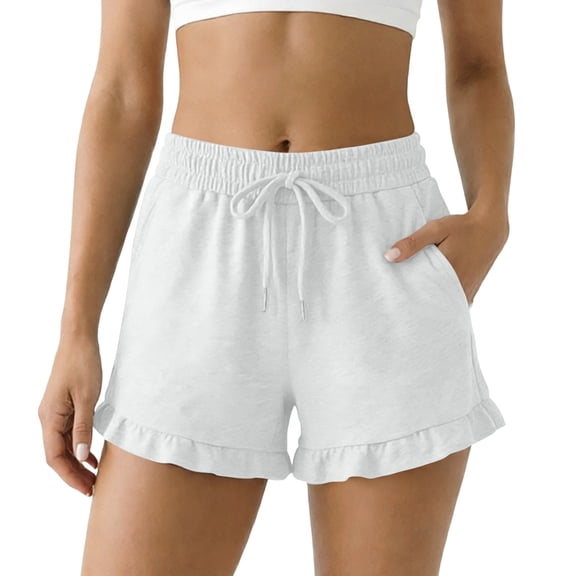 Kaemgyyd Workout Shorts Women Summer Casual Cute Ruffle Hem Shorts High Waist Drawstring Shorts with Pockets for Running Gym Clothes