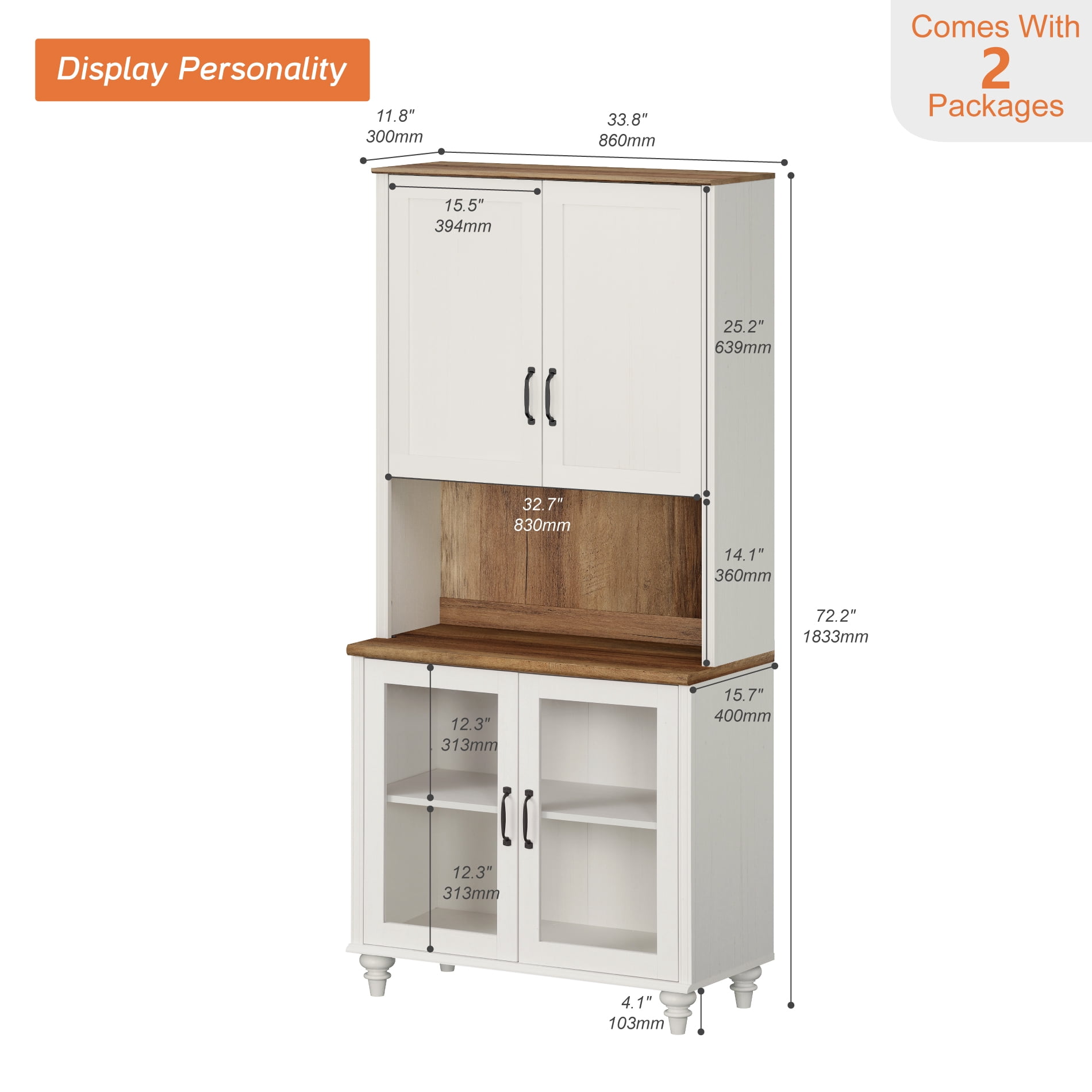 Sideboard Buffet Cabinet with Storage, 5-Tier Bookcase with Adjustable Shelf, Farmhouse Library Wooden Bookshelves for Living Room, Office, Study Room, White, 72" H