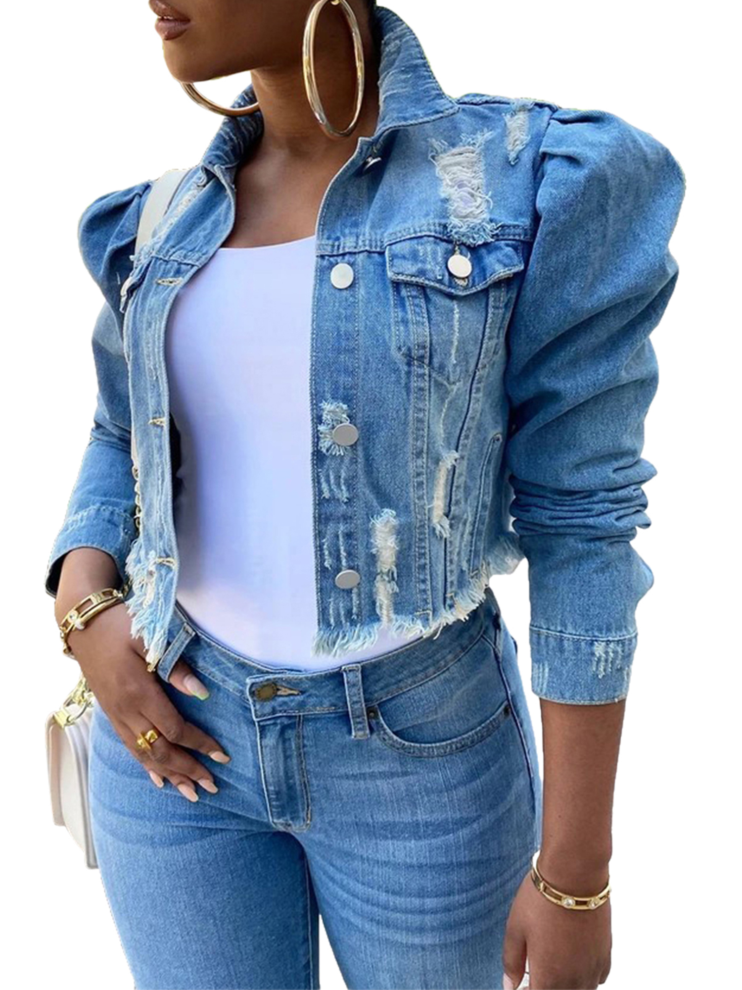 Plus Size Women Ripped Denim Jacket 