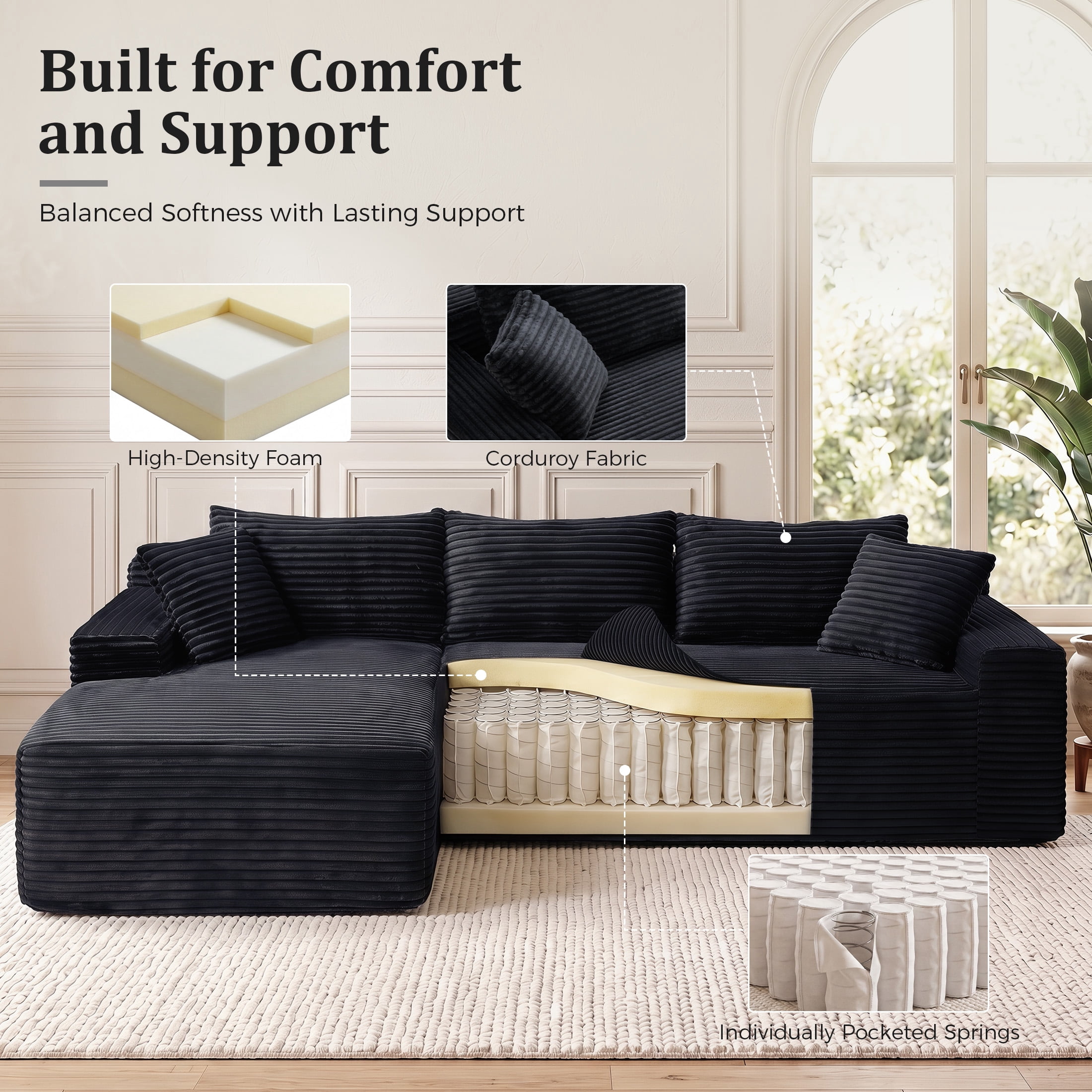 Aenkyo 95 Inch Corduroy L-Shaped Modular Sectional Sofa, Left Chaise, Black