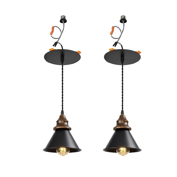 KAYYELAMP 2 Pcs Recessed Retrofit Pendant Conversion Kit E26 Power Connector 3.2 Ft Adjusted Cord E26 Walnut Base Dia 7.08" Black Metal Shade Hanging Light Vintage Decor