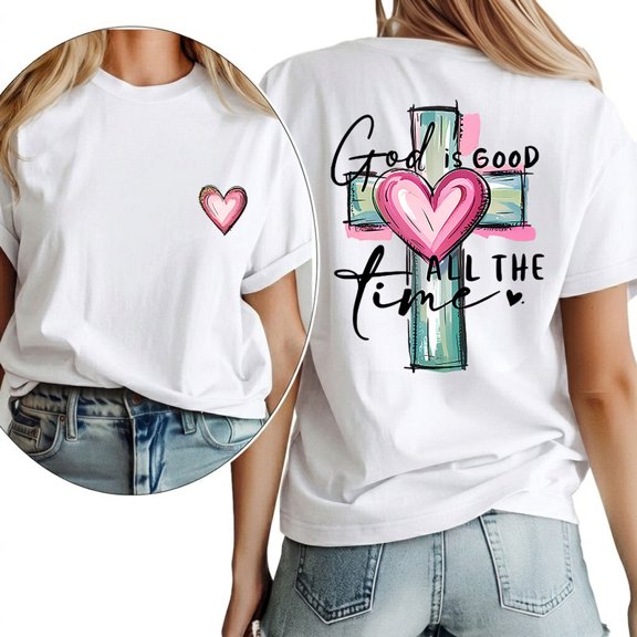 UNISHE Faith Inspired Tee God Is Good All The Time Leopard Bow Cross Graphic Womens Short Sleeve Shirt