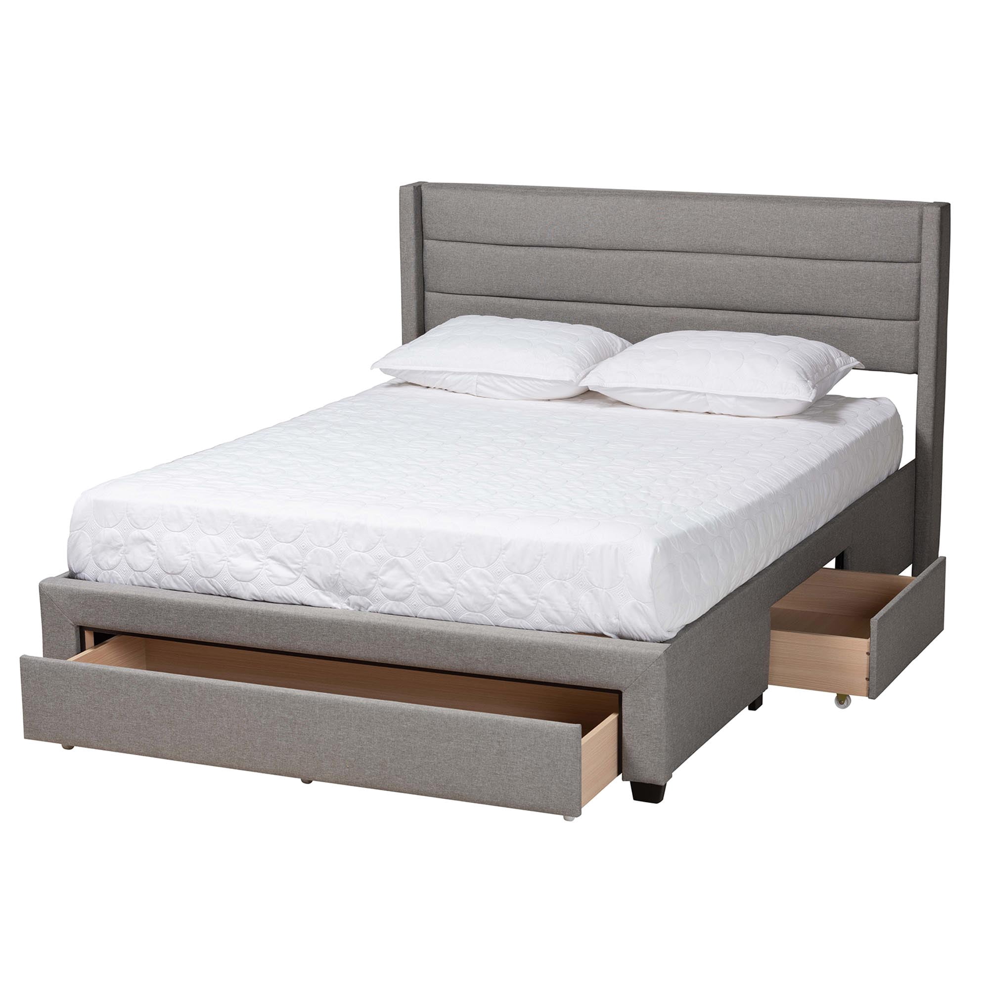 Baxton Studio Braylon Mid-Century Modern Transitional Light Grey Fabric and Dark Brown Finished Wood Queen Size 3-Drawer Storage Platform Bed