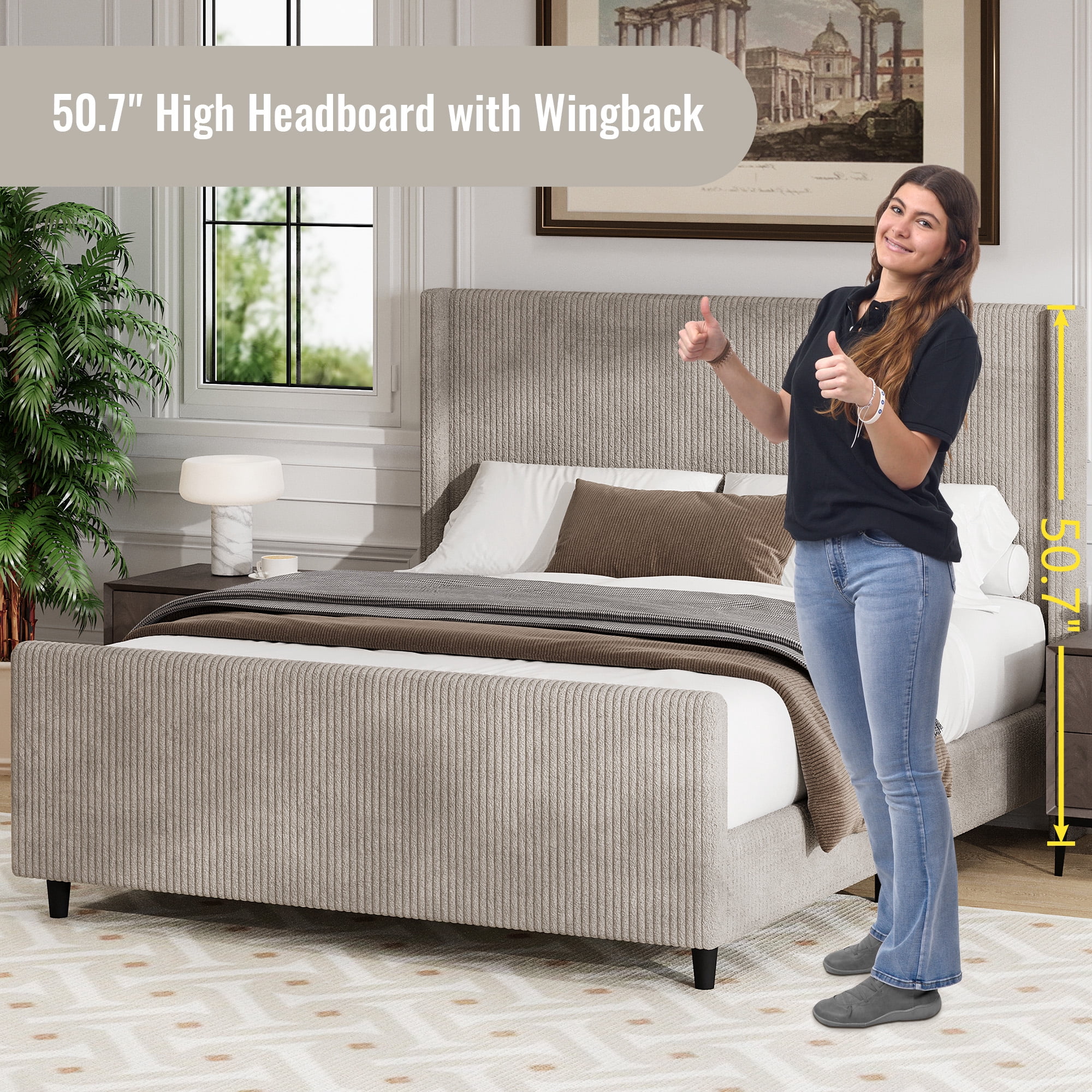 Miniyam King Size 50.7'' High Headboard Corduroy Upholstered Bed Frame with Vertical Stripe Wingback and High Footboard,No Box Spring Needed,Taupe