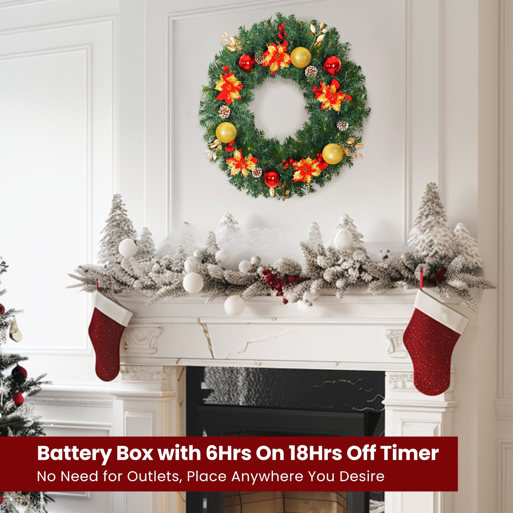 24inch/28inch Extra Large Pre-lit Christmas Wreath 8 Modes