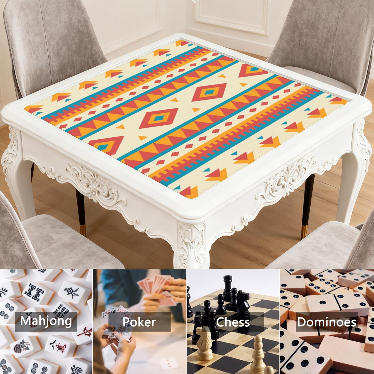 Boho Design Non-Slip Rubber Game Table Mat 31.5x31.5 Inch Extra Large Mahjong Surface with Quiet Texture for Card Games Board Games and Game Nights