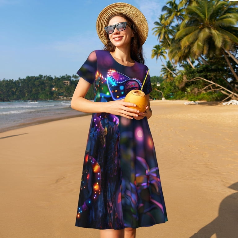 fantasy dresses short Picia Glowing Chameleon Fantasy Art Pattern Women's Short Sleeve Summer Dress Pleated Loose Swing Knee Length Short Sleeve Swing Dresses, Size: 2XL