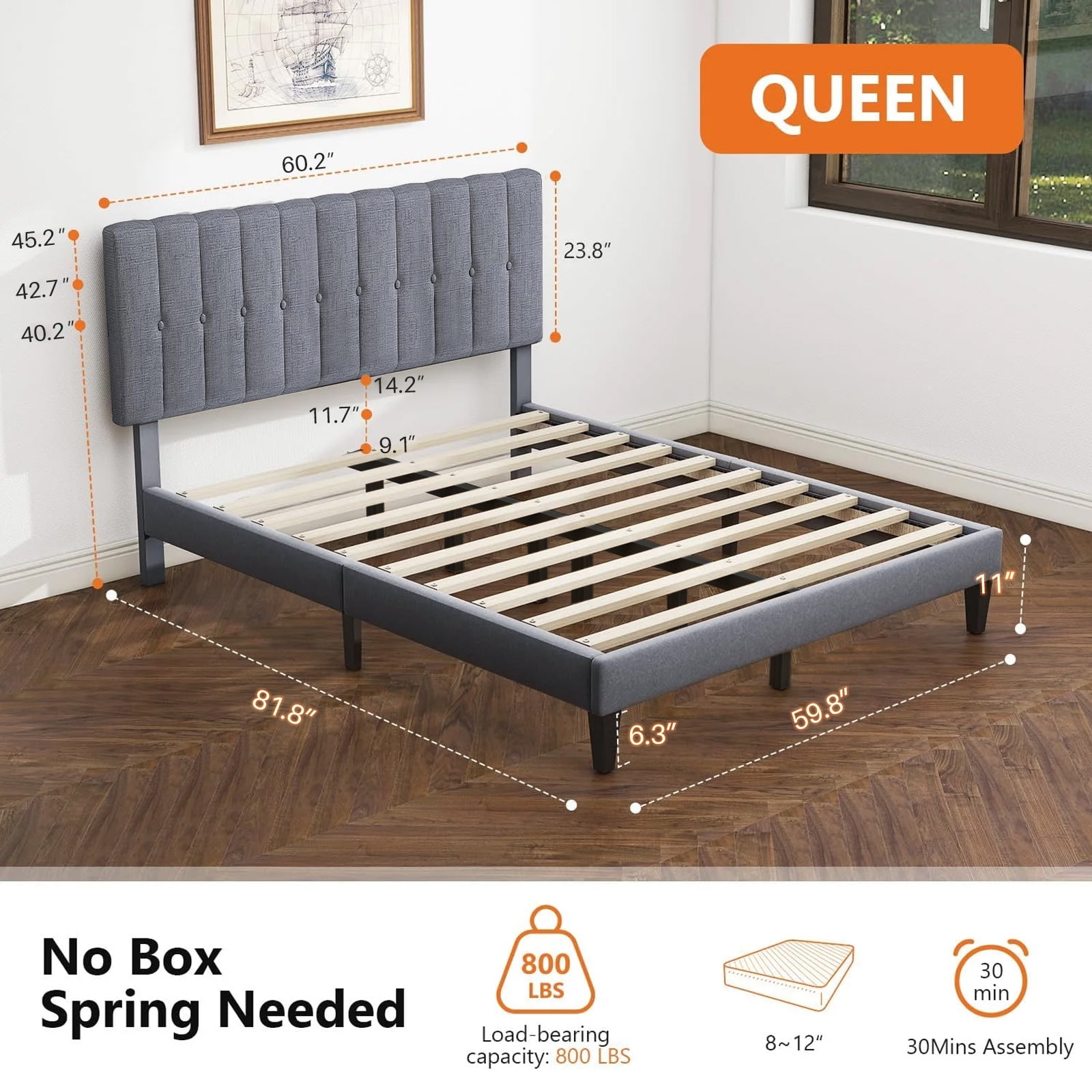 Queen Bed Frames with Headboard, Upholstered Platform Bed with Wood Slats 800 lbs Support , Noise Free, No Box Spring Needed, Gray