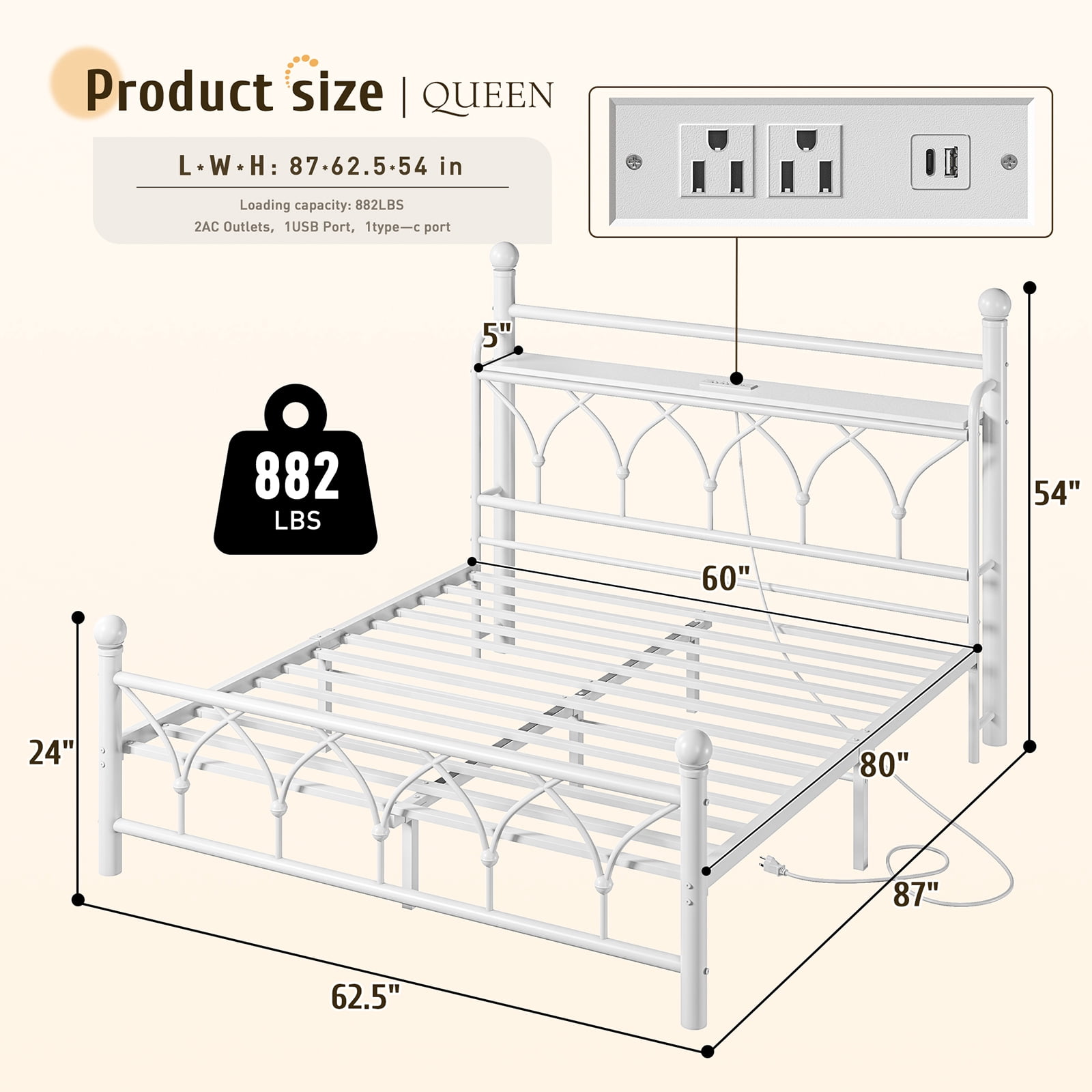 EnHomee Queen Metal Bed Frame with Vintage Headboard & Footboard Metal Platform Bed Frame Queen Heavy Duty Metal Bed Frame with LED Lights & Charge Station &Storage, Noise Free, White