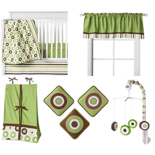 Bacati - Mod Dots Stripes 10-Piece Crib Bedding Set with Two Crib Sheets - Green/Yellow/Chocolate Unisex