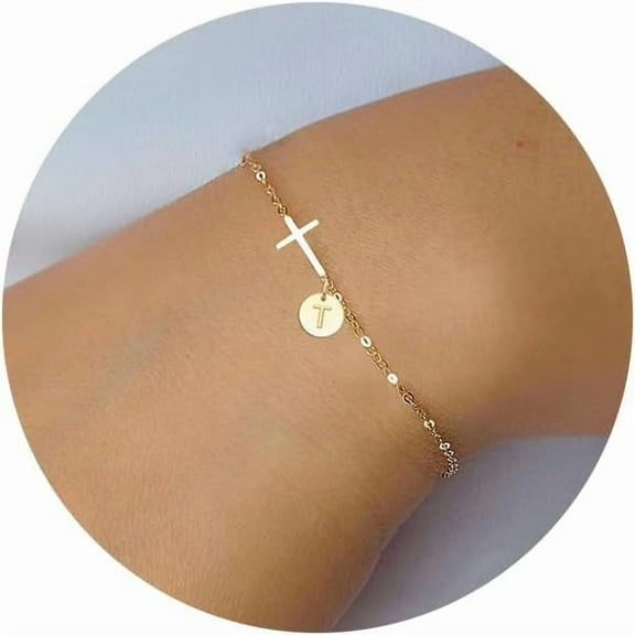 Cross Bracelet for Women Dainty Cross Bracelet with Initials Gold Link Chain Bracelets Christian Gifts for Women Teens Easter Baptism Religious Jewelry