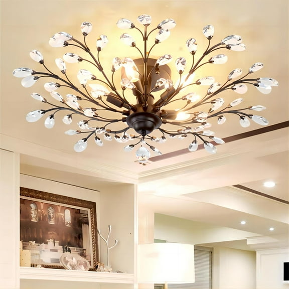 Anqidi 31.5" Vintage Clear K9 Crystal Chandelier, LED 5 Heads Flower Shape Black Metal Ceiling Light for Living Room 40W E12