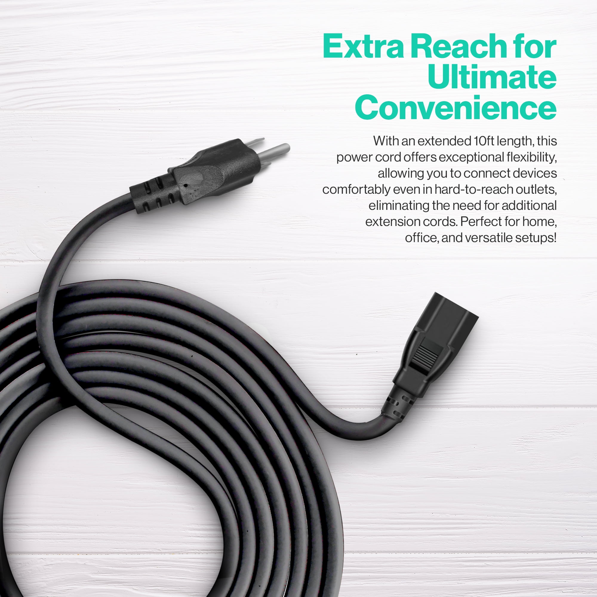 Universal 3FT 3 Prong Power Cord C13 AC Electric Cable For Computer, Monitor, TV, Appliance