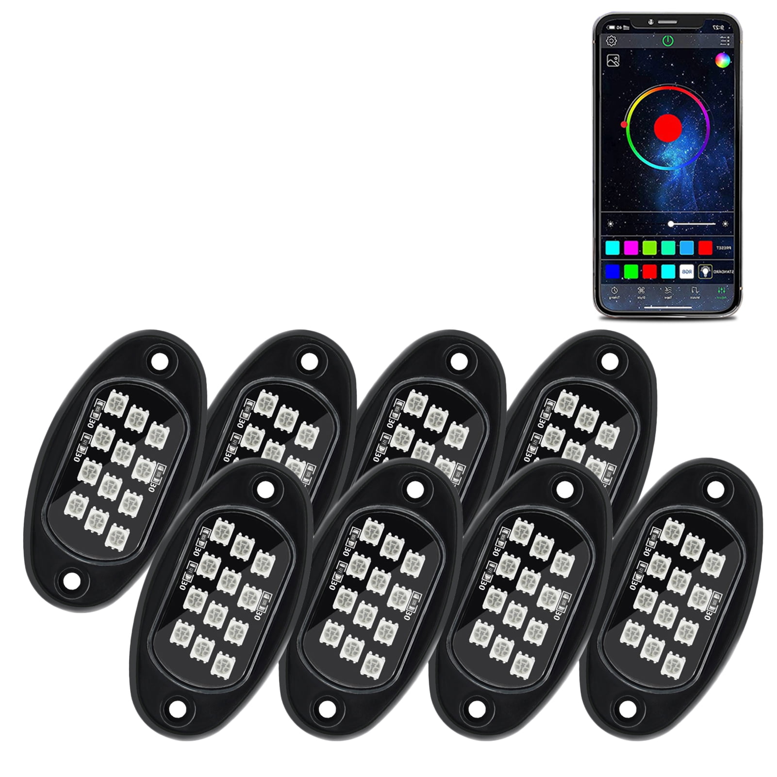 Multicolor LED Lights Lights LED Rock Lights 8pcs Multicolor LED Lights Brightness Adjustment Waterproof with APP BT Sync with Music Function for SUV ATV UTV