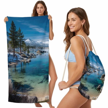 Nature Forest 2-in-1 Beach Towel Backpack,Quick Dry Beach Towel Blanket Bag,Blue Sky Mountain Stone Lake Landscape Portable Bath Pool Yoga Swim Picnic Camping Towels Travel Essential 27.6x55 Inches