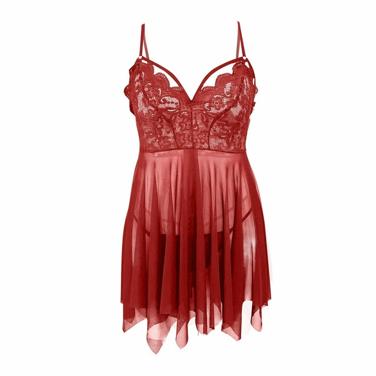 UoCefik Women's Sexy Lingerie Lace Mesh Babydoll Strap Nightwear See  Through Sleepwear with Thong Red XL 