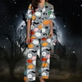 thumbnail image 2 of Halloween Pajamas Women Full Theme Printed Silk Satin 2 Pc Short Sleeve Button Down Lapel Pocket Shirts Loose Straight Casual Pants Comfy Nightwear Fall Winter Women's Loungewear Sets Grey S, 2 of 7