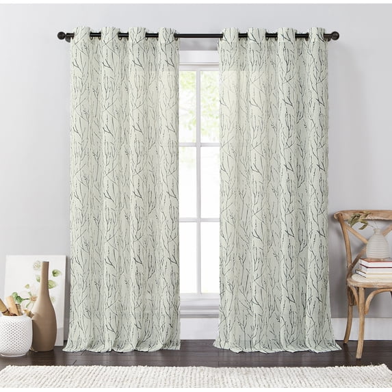 Ivory and Gray Single (1) Window Curtain Panel: Wide 54" x 84", Sheer, Silver Grommets, Branch Design