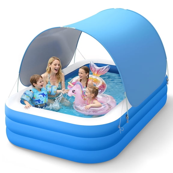 MoKo Inflatable Pool with Canopy, Blow Up Pool for Adults Kids, Large Kiddie Pool with Shade, Kid Swimming Pool for Backyard 102"x65"x23", Blue