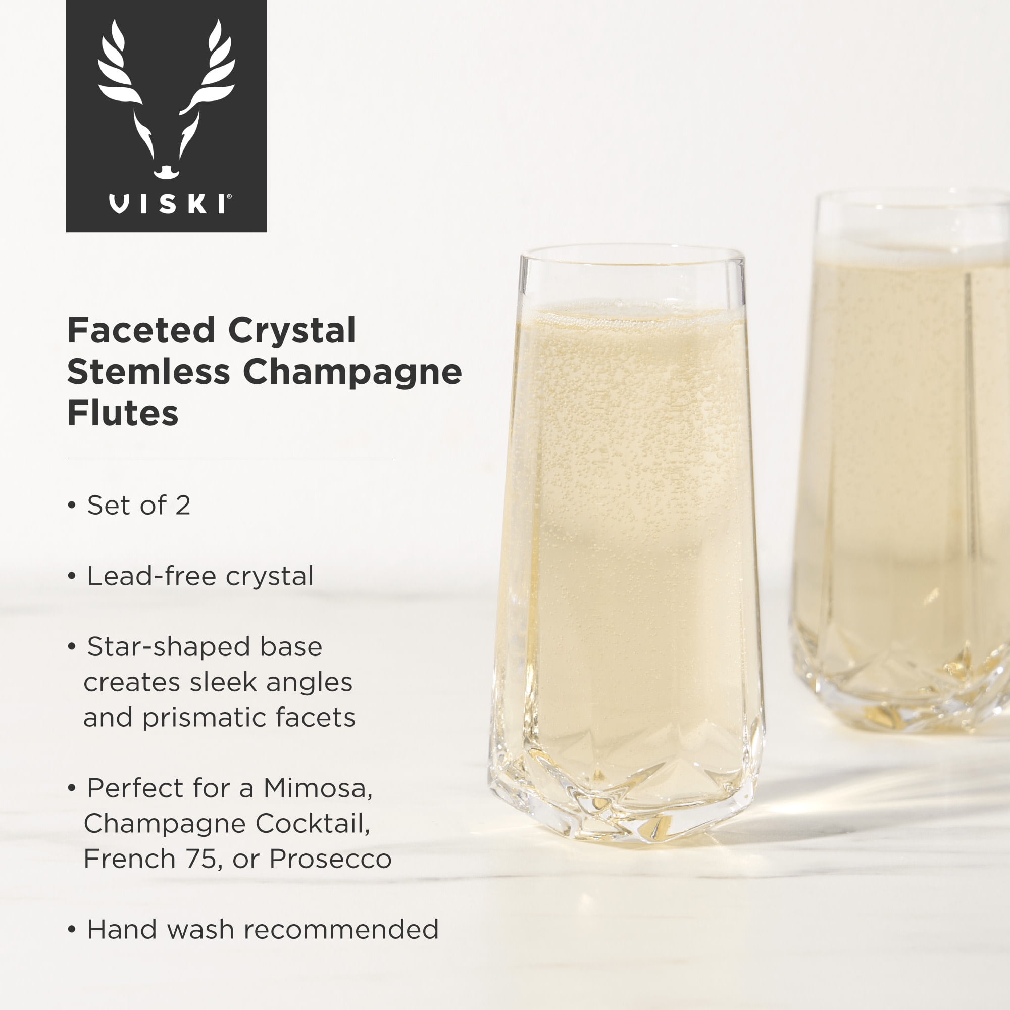 Viski Raye Faceted Champagne Flutes, Wedding Gifts, Home Bar, 10oz Set of 2