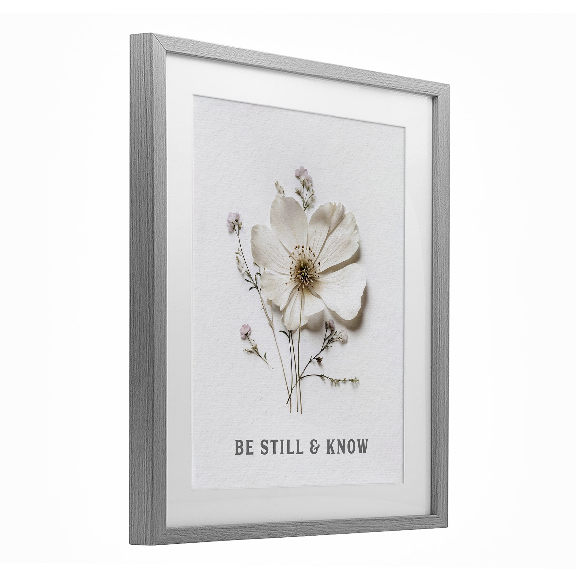 Be Still & Know Pressed Flowers Gray Framed Print Under Glass, design by Lettered and Lined