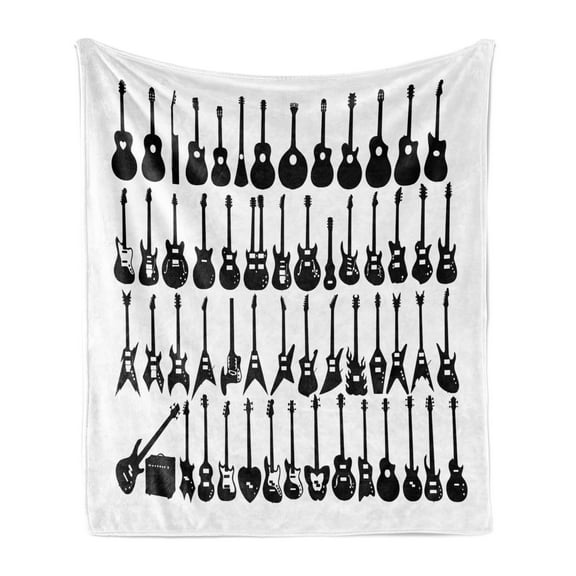Guitar Soft Flannel Fleece Blanket, Various Shapes of Elements Horizontally Arranged on a Plain Background, Cozy Plush for Indoor and Outdoor Use, 70" x 90", Charcoal Grey and White, by Ambesonne