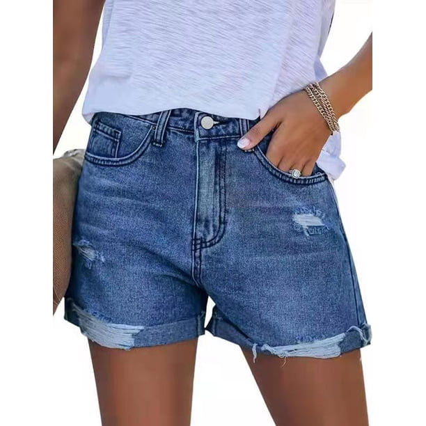 SpringTTC Women Short Jeans Rolled Cuff Ripped Zipper Denim Shorts
