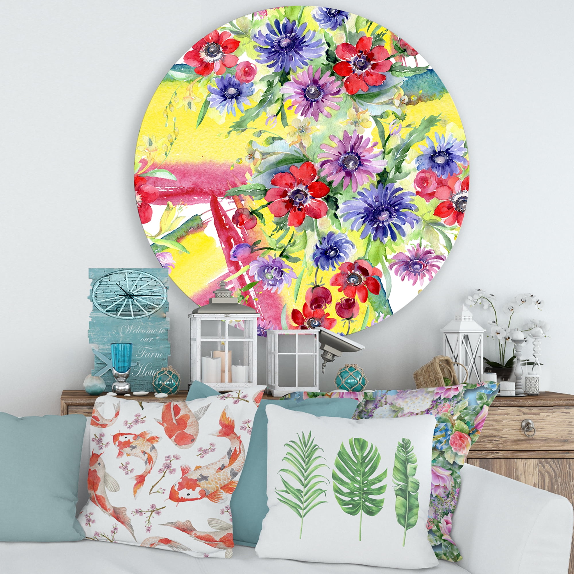 Designart 'Wildflowers and Vibrant Wild Spring Leaves V' Modern Circle Metal Wall Art 29x29 - Disc of 29