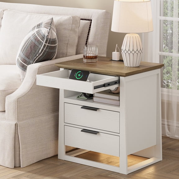 PLAMLE Farmhouse Nightstand with LED Lights & 2 drawing for Bedroom, Rustic End Table with Storage Shelf for Living Room End Table