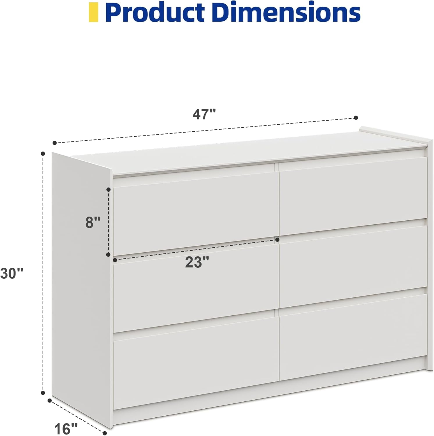 White Dresser for Bedroom, 47" Wide Chest of Drawers, Modern 6 Drawer Storage Organizer for Closet, Hallway, or Living Room