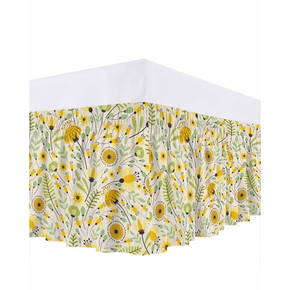 Abstract Flowers Bed Skirt Queen Size 16 Inch Drop, Yellow Green Floral Leaf Retro Botanical Adjustable Elastic Dust Ruffles Bedskirt for Queen Bed Wrap Around Pleated Mattress Frame Cover