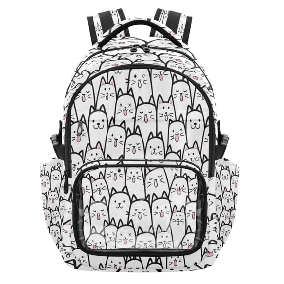 Qxltty Simple Line Kitty Backpack School Bookbag with Clear PVC Front Pocket, Laptop Compartment, Water Resistant Travel Daypack for Students