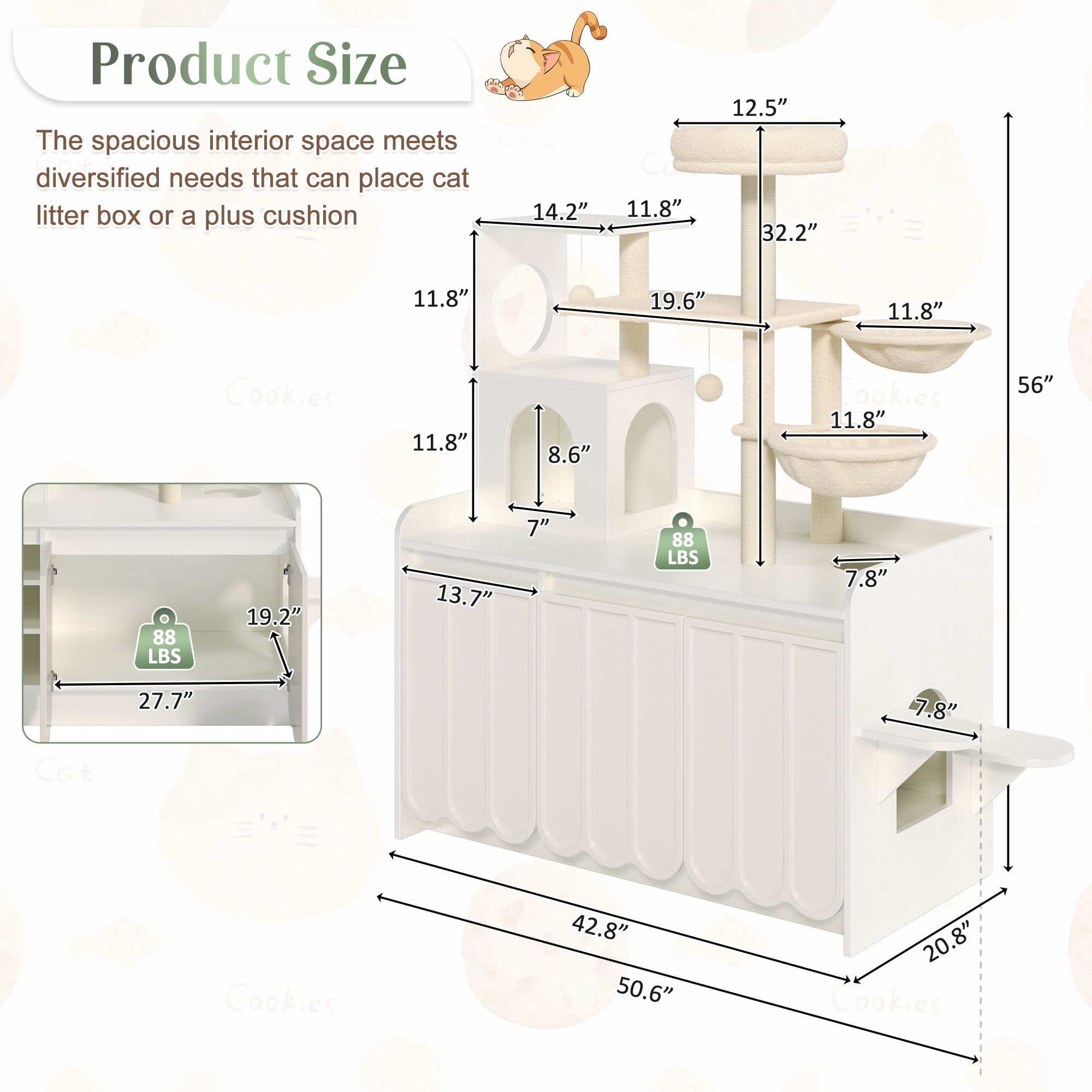 Aukfa 2-in-1 Cat Tree with Hidden Litter Box Enclosure, Modern Multi-Level Cat Tower with Storage Cabinet & Sisal Scratching Posts,White