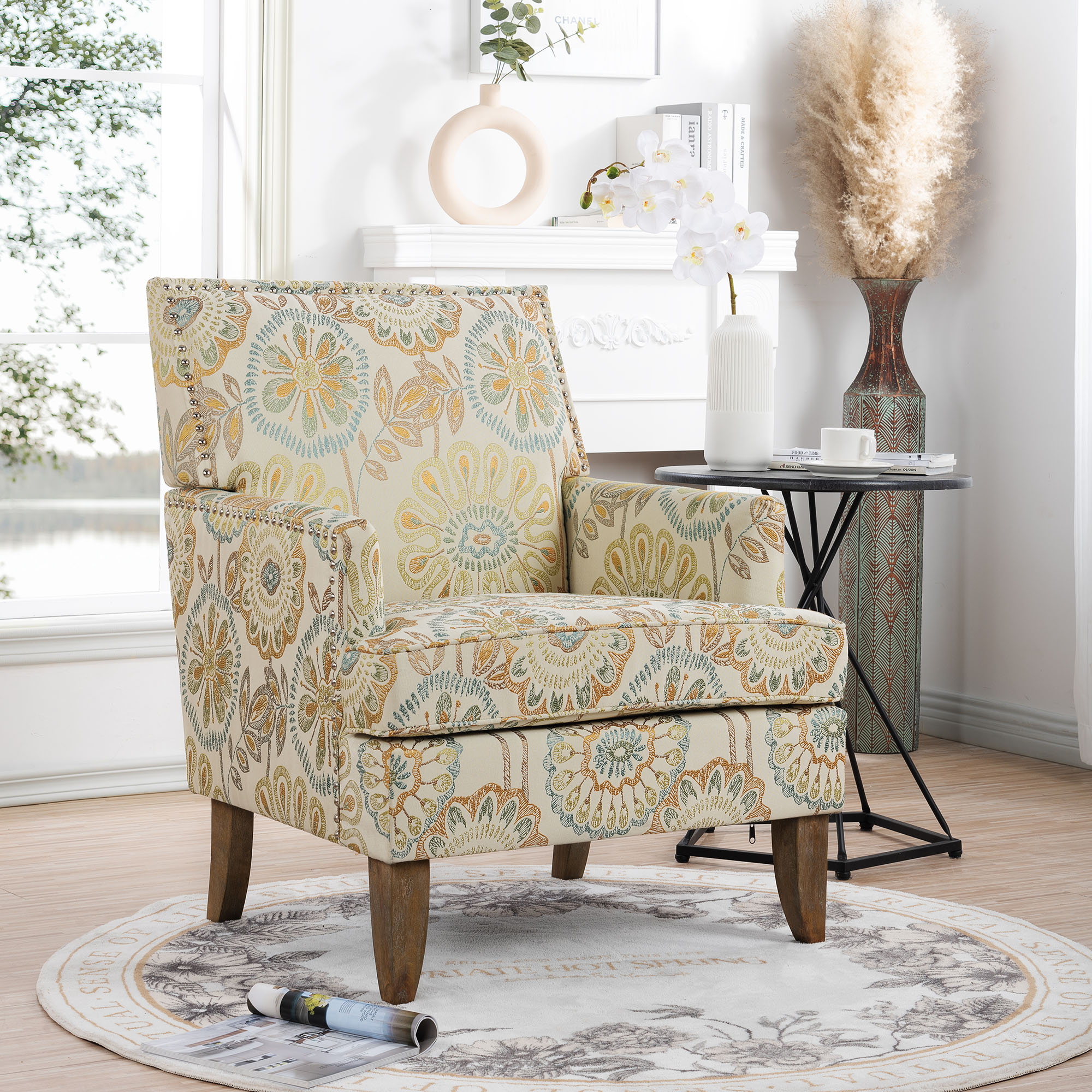 Accent Chairs Living Room Floral Print Fabric Club Chair Tufted