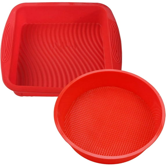 Set of 2, Silicone Cake Baking Pan, SourceTon Square Shape 8.5 Inch Cake Mold and 9 Inch Round Shape Non-Stick Bakeware Mold, Red