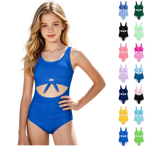 1 Piece Swimsuit Girls Cutout Ruched Swimming Suits Quick Dry Summer Swimwear with Solid Color Tween Girl Bathing Suits 13-14 Years
