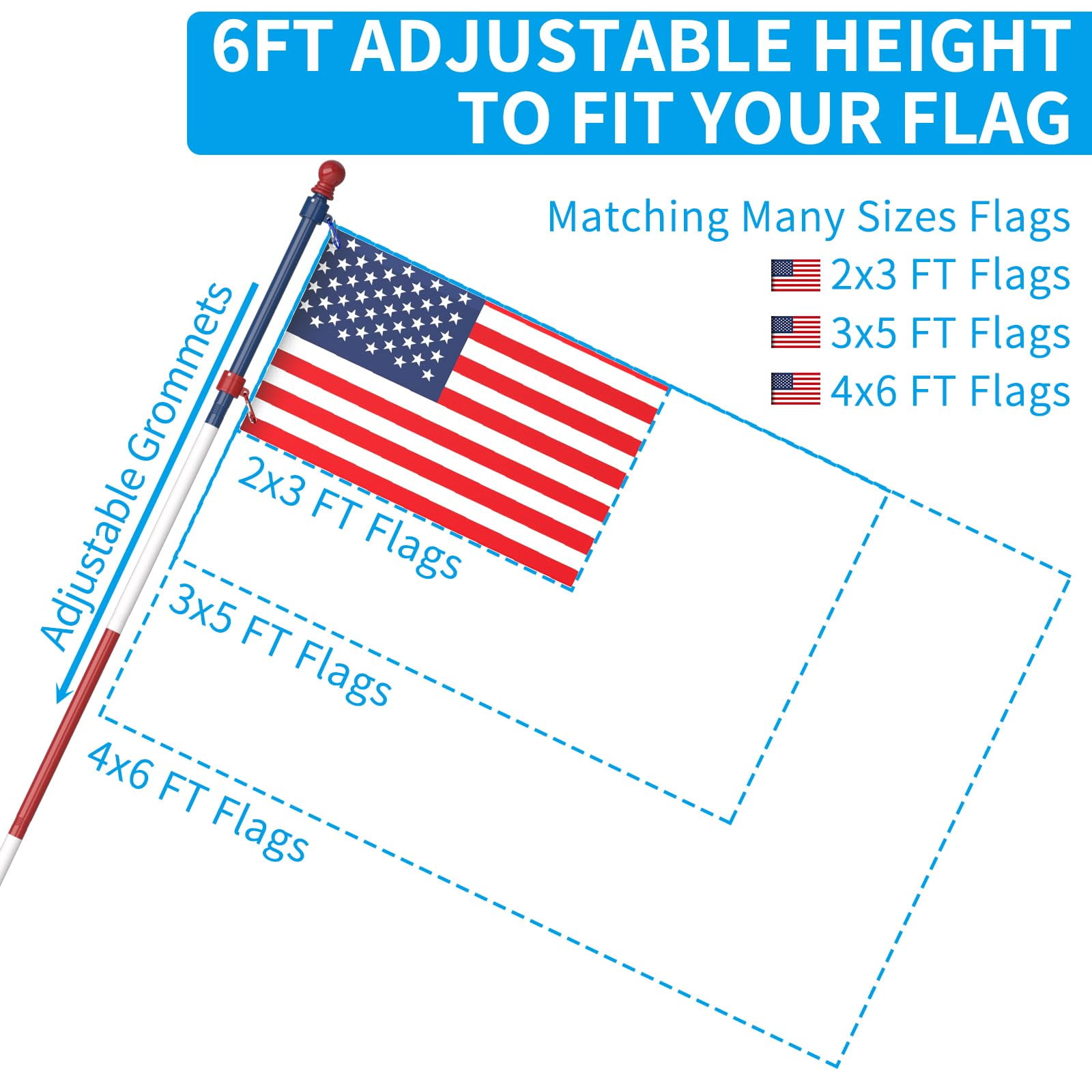 FIASON 1 Pack 6 FT Blue/White/Red Stainless Steel Tangle Free Wall-Mounted Flag Pole with Upgraded Bracket, Flag Pole Kit for Outside House, Residential or Commercial for American Flag (Without Flag)