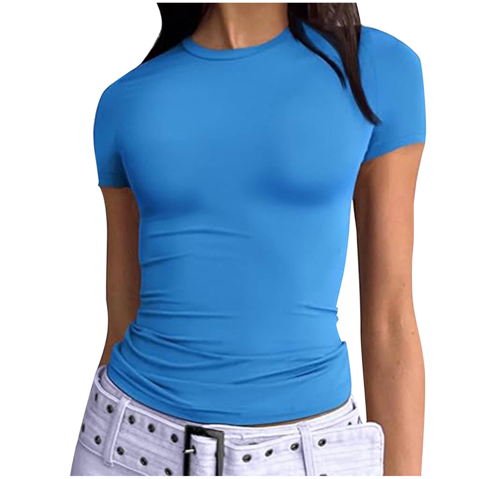Timegard Hauts pour Femmes Col Ras du Cou Coupe Ajustée Confortable Couleur Unie T-Shirt Basique Été Décontracté Sortie Haut