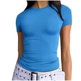 thumbnail image 2 of HOMBOM Women Tops Sky Blue Summer Y2K Solid Crew Neck Slim Fit Short Sleeve T-shirt M, 2 of 7