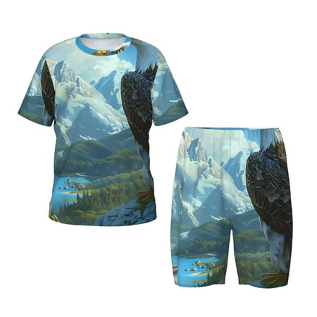 Luyuia Majestic Eagle Over Castle Print Girls  2-Piece Tie-Dye Pajama Set  Cute Summer Loungewear with Shirt and Tank Shorts Nightwear-Small