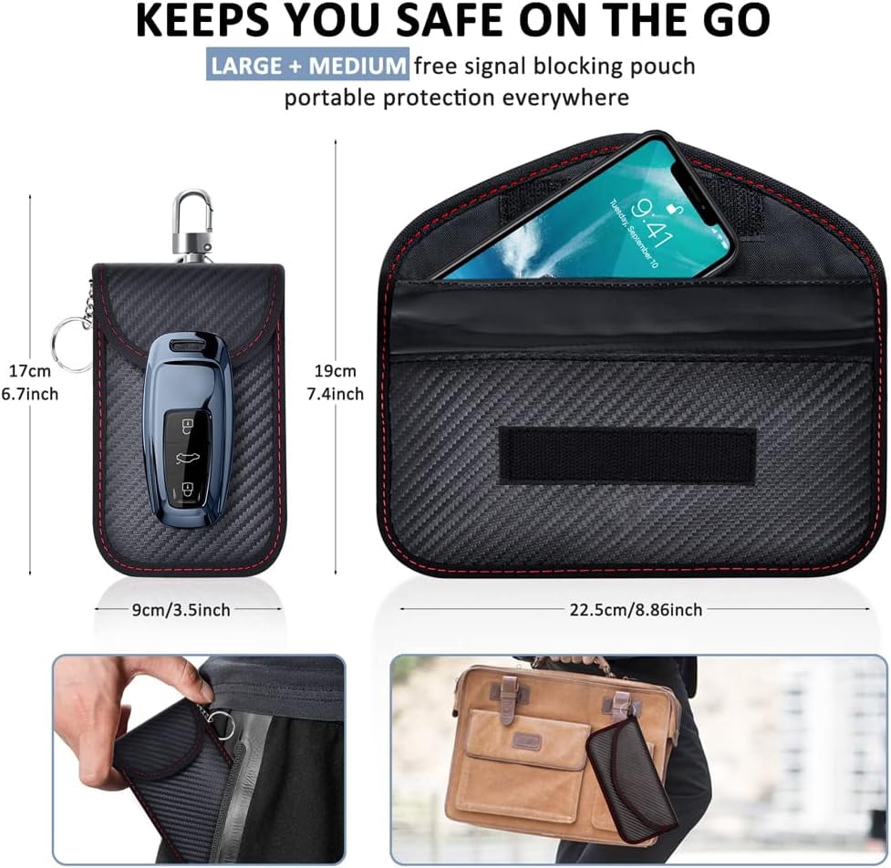 Faraday Box, Car Key Fob Protector with 2 Pack Faraday Bag, PU Leather Signal Blocker for Keyless Fob, RFID Signal Blocking Pouch Cage(8.6*5.1*4.1 inch)