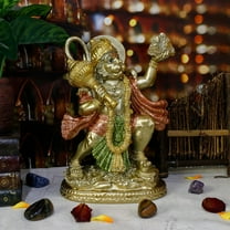 Hindu God Flying Hanuman Statue - Indian Lord Gold Finish - Flying Hanuman Carrying Herb Bearing Mountain - Idol Murti Pooja Sculpture - India Figurine for Home Temple Mandir Decor
