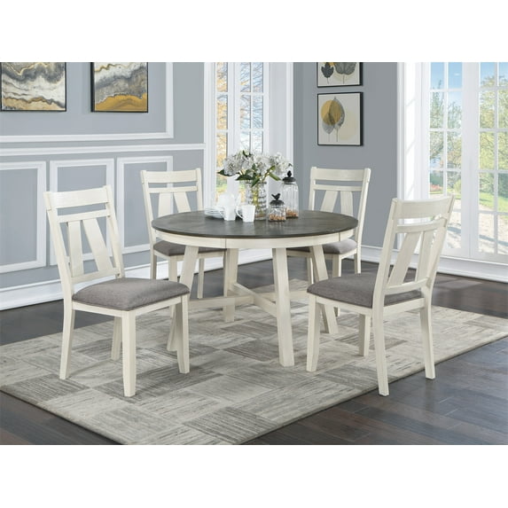 5Pcs Dining Table Set, Solid Wood Round Table And 4x Side Chairs Gray Fabric Cushion Seat, Wooden Kitchen Breakfast Dining Room Furniture, Easy Assemble, White