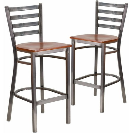 Wood Ladder Back Bar Stools Flash Furniture 2-Pack HERCULES Series Clear Coated Ladder Back Metal Restaurant Barstool, Wood Seat, Multiple Colors ()