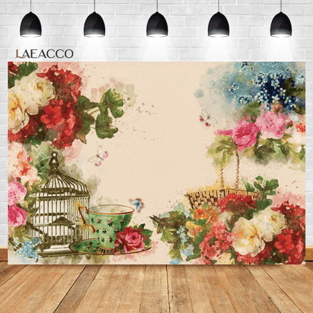 Image of Chinese Style Watercolor Painting Flower Bird Cage Background Baby Poster Portrait Backdrops Photography Backdrops